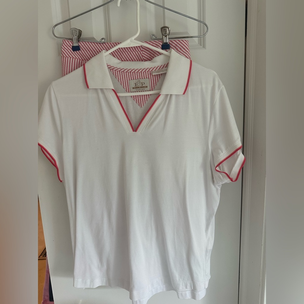 EP White Polo Shirt with Pink Trim with seersucker shorts